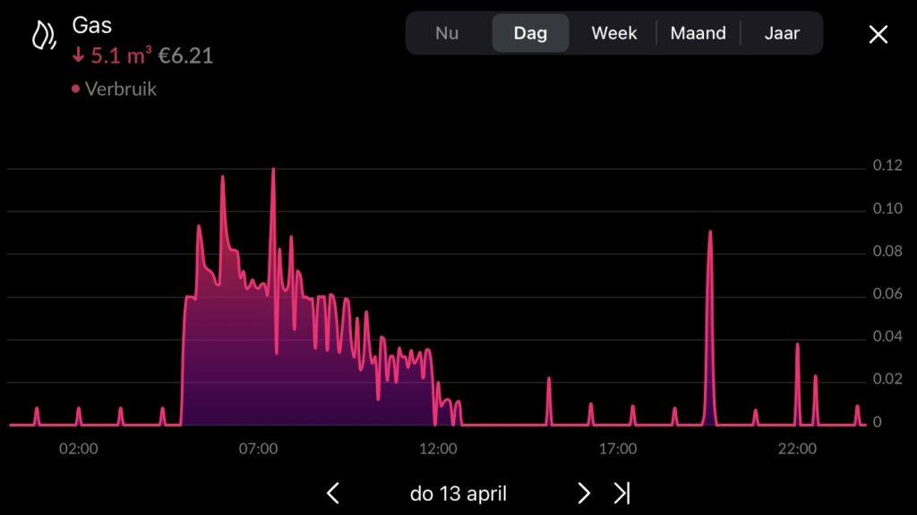 gasverbruik op een dag met een piek in de ochtend - HomeWizard Energy